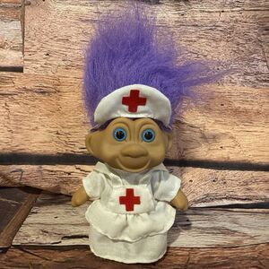 Vintage TNT Nurse Troll Doll Purple Hair Red Cross Uniform Hat 4.5” Toy Figure